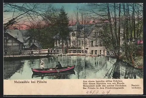 AK Dresden-Pillnitz, Gasthof Meixmühle, Ruderpartie auf dem See