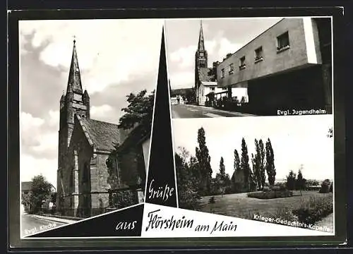 AK Flörsheim a. Main, Evangelische Kirche, Evgl. Jugendheim und Krieger-Gedächtnis-Kapelle