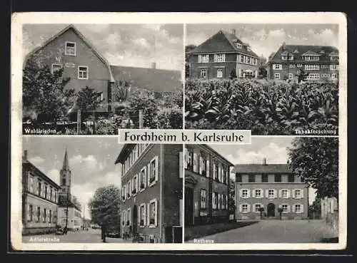 AK Forchheim b. Karlsruhe, Rathaus, Adlerstrasse, Tabakforschung und Hotel Waldfrieden