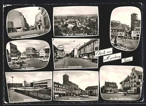 AK Homburg /Saar, Eisenbahnstrasse, Blick vom Schlossberg, Marktplatz, Kaiserstrasse und Bahnhofplatz