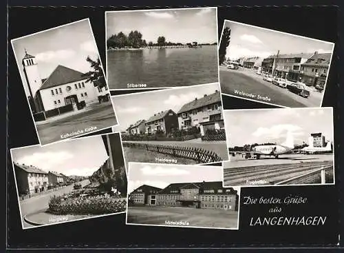 AK Langenhagen, Silbersee, Walsroder Strasse, Heideweg, Mittelschule, Harzweg, Flughafen und Kath. Kirche