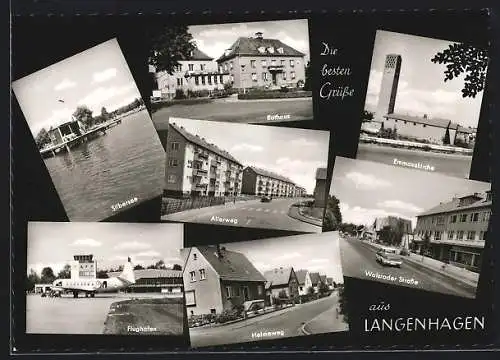 AK Langenhagen, Rathaus, Silbersee, Flughafen, Helmeweg, Allerweg, Emmauskirche