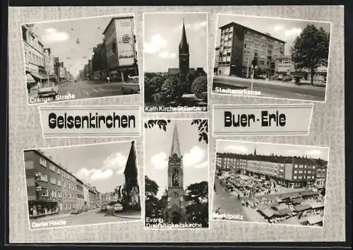 AK Gelsenkirchen, Cranger Strasse, Darler Heide, Marktplatz, Stadtsparkasse, Kath. Kirche, Evang. Dreifaltigkeitskirche