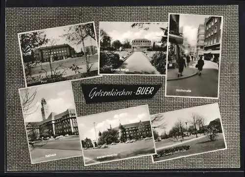 AK Gelsenkirchen-Buer, Rathaus, Post, Marien-Hospital, Omnisbus-Bahnhof, Schloss Berge und Hochstrasse