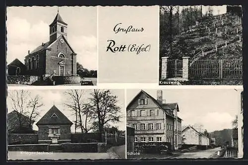 AK Rott i. Eifel, die Kirche, das Kriegerdenkmal, am Kreuzweg, die Schule, Kaufhaus Gerhard Ganser