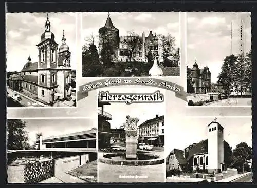 AK Herzogenrath, St. Martin, Jugendzentrum, Burg, Bockreiter-Brunnen, St. Gertrud und Evgl. Kirche