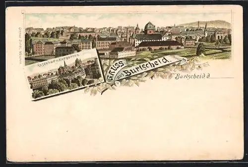 Lithographie Burtscheid, Panorama, Rosenbad und Kurgarten