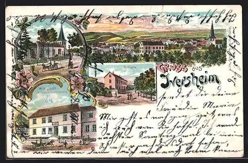 Lithographie Iversheim, Gaststätte von Laur. Lambertz, Kirche, Schule und Totalansicht