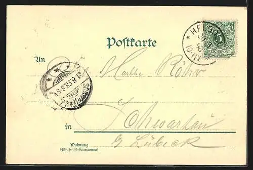 Lithographie Helgoland, Blick über die Insel, Fischer im Boot