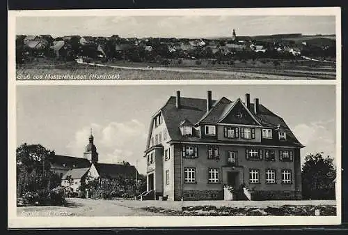 AK Mastershausen /Hunsrück, Schule mit Kirche, Totalansicht