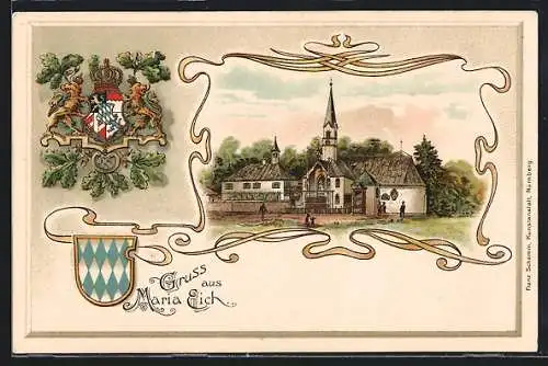 Passepartout-Lithographie Maria Eich, Kirche, Bayerisches Wappen mit Eichenlaub, Ornamente