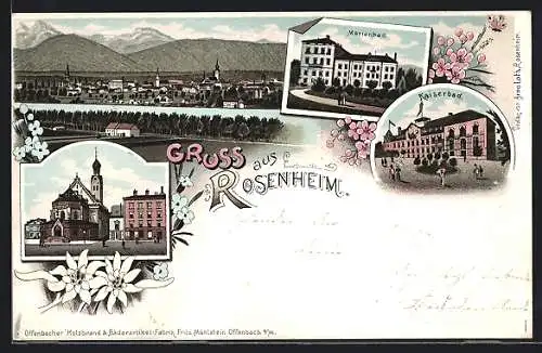Lithographie Rosenheim, Marienbad, Kaiserbad, Kirche