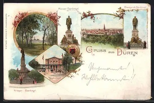 Lithographie Düren, Bahnhof, Stadtpark, Kaiser - und Bismarck-Denkmal, Kriegerdenkmal