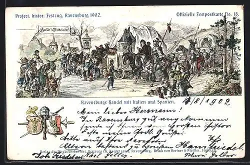 AK Ravensburg, Histor. Festzug Ravensburg 1902, Ravensburgs Handel mit Italien und Spanien, Wappen