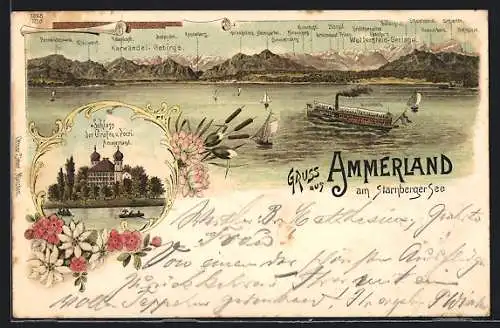 Lithographie Ammerland /Starnberger See, Schloss der Grafen von Pocci, Panorama mit Karwendel- und Wetterstein-Gebirge