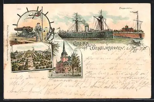 Lithographie Wilhelmshaven, Rathaus, Adalbertstrasse, Flaggenstation und S. M. S. Segelschiff Mars