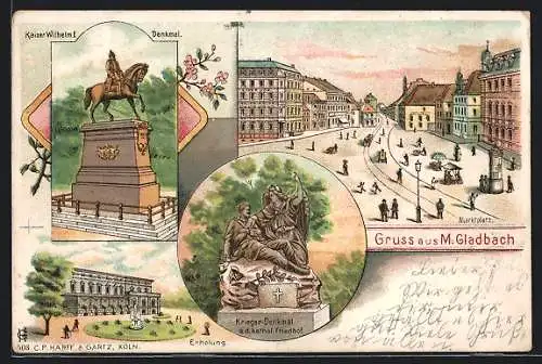 Lithographie M.-Gladbach, Krieger Denkmal, Marktplatz, Erholungsheim