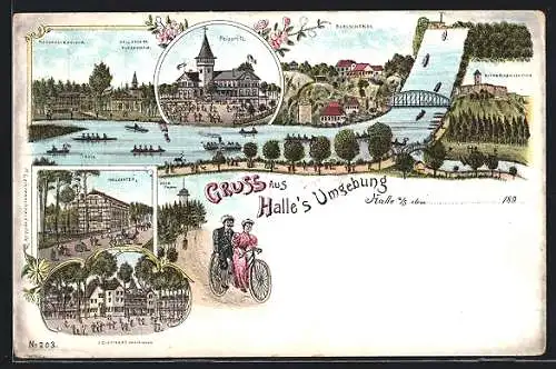 Lithographie Halle / Saale, Gasthaus Waldkater, Leistners Waldhaus, Gasthof Peissnitz
