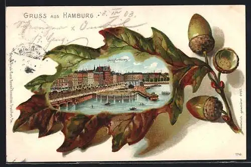 Passepartout-Lithographie Hamburg-Neustadt, Eichenblätter mit Jungfernstieg