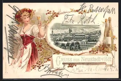 Lithographie Neustadt a. Hardt /Pfalz, Teilansicht, Frau hält Weinglas