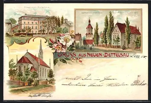 Lithographie Neuen-Dettelsau, Diakonissen-Mutterhaus, Dorfkirche, St. Laurentius