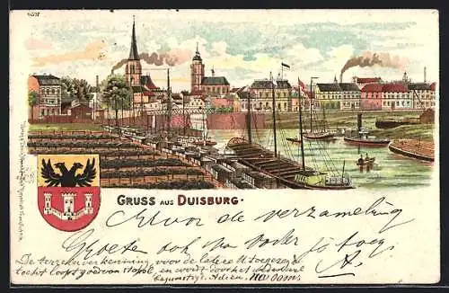 AK Duisburg, Hafenpartie mit angelegten Booten, Wappen