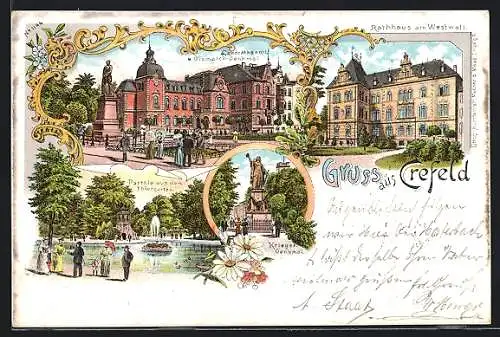 Lithographie Krefeld, Kriegerdenkmal, Rathaus am Westwall, Landratsamt und Bismarck-Denkmal, Tiergarten