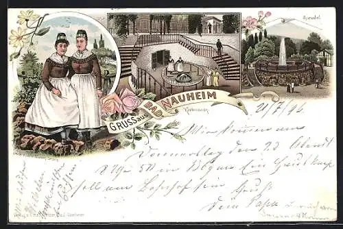 Lithographie Bad Nauheim, Kurbrunnen, Sprudel, Frauen in Tracht