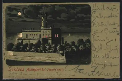 Lithographie Langenargen, Schloss Montfort im Mondschein