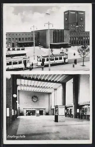 AK Essen, Hauptbahnhof mit Empfangshalle, Strassenbahn