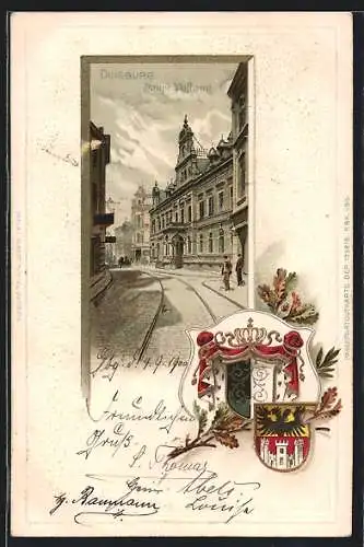 Passepartout-Lithographie Duisburg, Strassenpartie am Haupt-Postamt, Wappen
