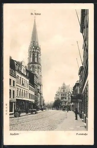 AK Aachen, Pontstrasse mit Kirche St. Kreuz