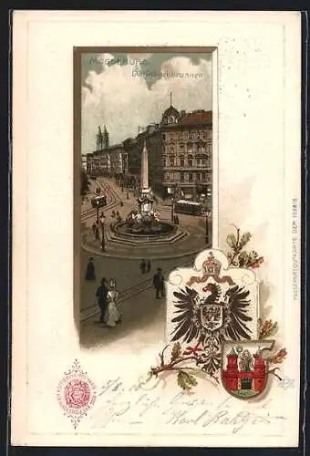 Passepartout-Lithographie Magdeburg, Strassenverkehr a, Hasselbachbrunnen, Wappen