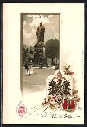 Passepartout-Lithographie Magdeburg, Bismarck Denkmal, Wappen