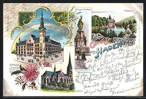 Lithographie Hagen i. W., Kriegerdenkmal, Waldlust, Rathaus und Katholische Kirche