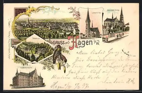Lithographie Hagen i. W., Gewerbeschule, Lutherkirche, Neue Kath. Kirche, Waldlust und Gesamtansicht