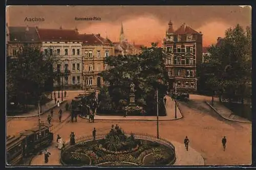 AK Aachen, Hansemann-Platz mit Denkmal und Strassenbahn