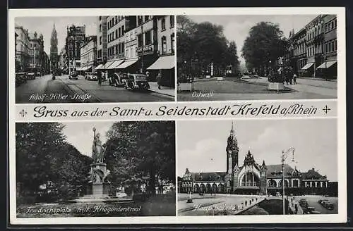 AK Krefeld, Strasse, Ostwall, Friedrichsplatz mit Kriegerdenkmal, Hauptbahnhof