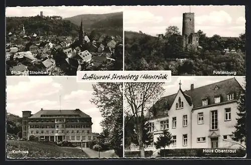 AK Stromberg /Hunsrück, Kurhaus, Haus Obentraut, Fustenburg und Ortsansicht aus der Vogelschau