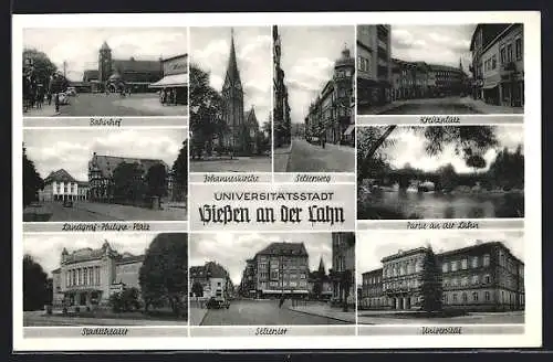 AK Giessen, Bahnhof, Johanneskirche, Stadttheater und Kreuzplatz