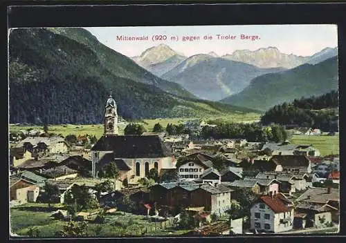 AK Mittenwald, Ortsansicht mit Kirche gegen die Tiroler Berge