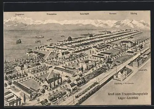 AK Lager Lechfeld, Truppenübungsplatz mit Gebirgspanorama aus der Vogelschau
