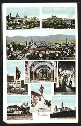 AK Fulda, Kaiser Friedrich-Denkmal, St. Bonifaciusdenkmal, Michaelskirche, Frauenberg u. Seminar, Ortsansicht