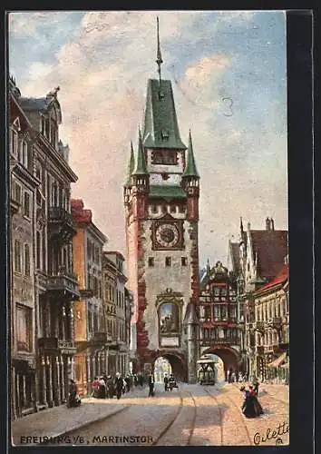 AK Freiburg i. Br., Martinstor mit Strassenbahn