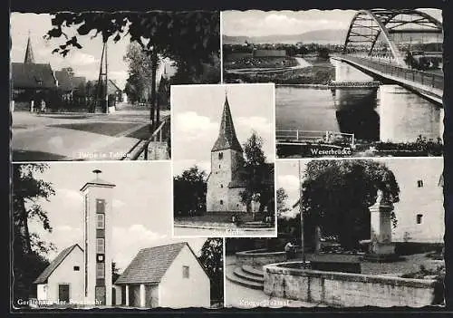AK Fuhlen a. d. Weser, Kriegerdenkmal, Kirche, Gerätehaus der Feuerwehr, Weserbrücke, Strassenpartie