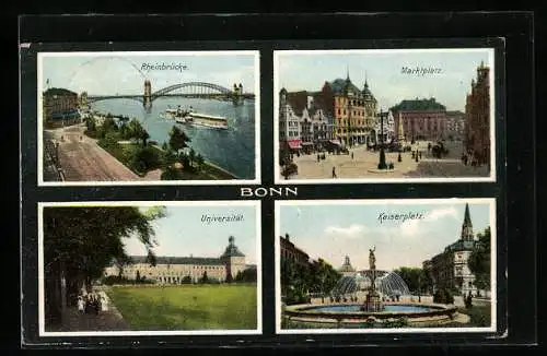 AK Bonn, Universität, Rheinbrücke, Marktplatz, Kaiserplatz