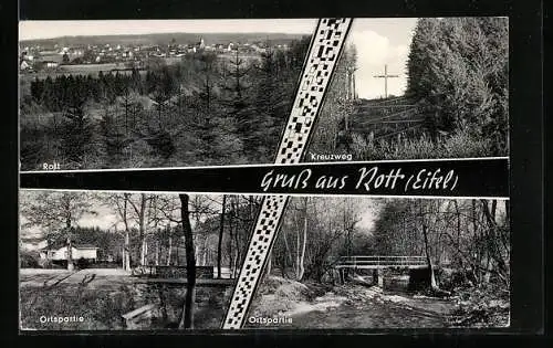 AK Rott i. Eifel, Stadtpanorama, am Kreuzweg, Ortspartien mit kleiner Brücke, Lebensmittel Schnitzler