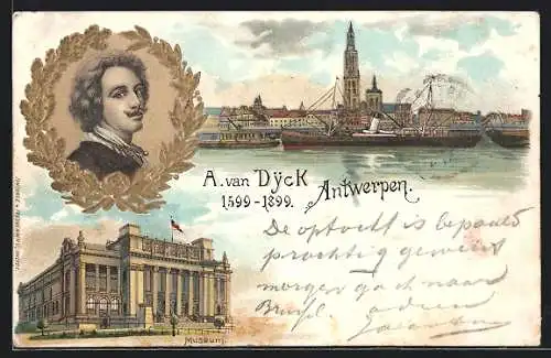 Lithographie Antwerpen, Panorama, Museum, Porträt A. van Dyck