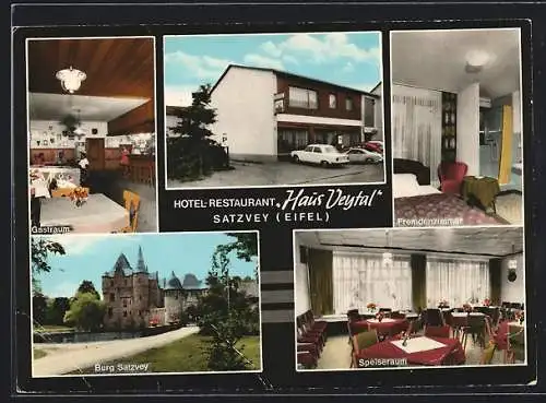 AK Satzvey (Eifel), Hotel-Restaurant Haus Veytal - Gastraum, Fremdenzimmer, Speiseraum und Burg Satzvey