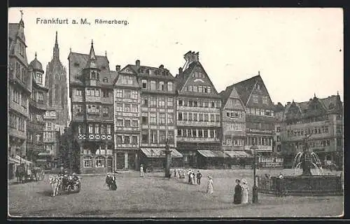 AK Alt-Frankfurt, Römerberg mit Geschäften und Justitia-Brunnen